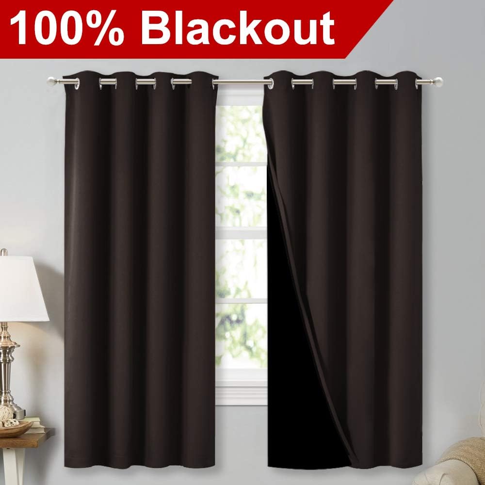 NICETOWN Complete 100% Blackout Curtains, Thermal Insulated & Energy Efficiency Window Draperies with Black Liner, Noise Reducing Short Curtains for Kids Room (Brown, 52-inch W by 63-inch L, 2 Panels)