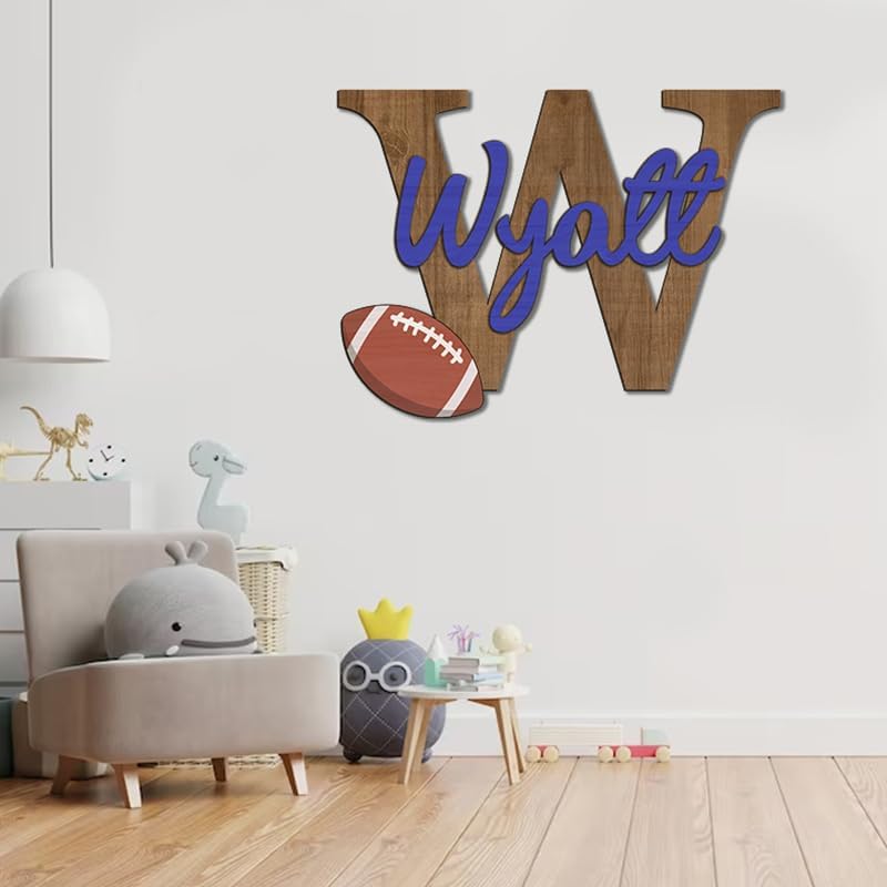 Personalized Football Name Sign, Wooden Monogram Name Sign, 2 Layers of Wood, Football Nursery Decor, Baby Name Sign Wood Sign, Football Gift, Nursery Name Sign for Baby Boy gift/21