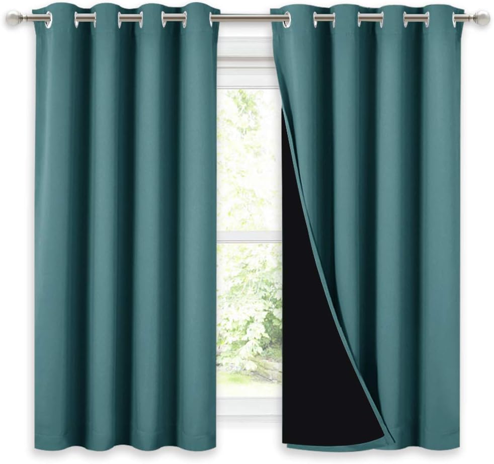 NICETOWN 100% Blackout Curtains with Black Liners, Thermal Insulated 2-Layer Lined Drapes, Room Warming Window Draperies for Dining Room (Sea Teal, 2 Panels, 52 inches W by 54 inches L per Panel)