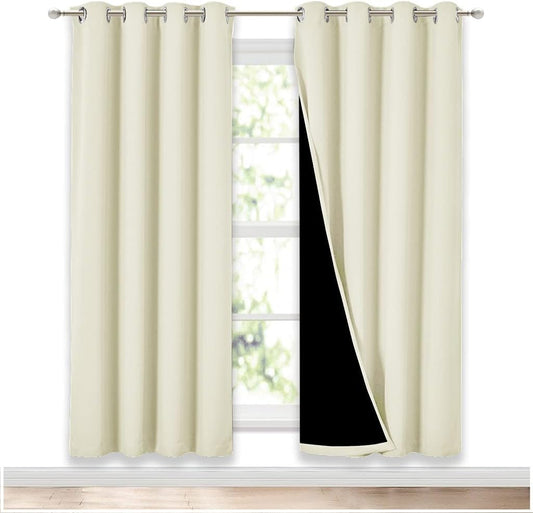 NICETOWN Living Room Completely Shaded Draperies, Privacy Protection & Noise Reducing Ring Top Drapes, Black Lined Insulated Window Treatment Curtain Panels (Beige, 2 Pieces, W52 x L72)