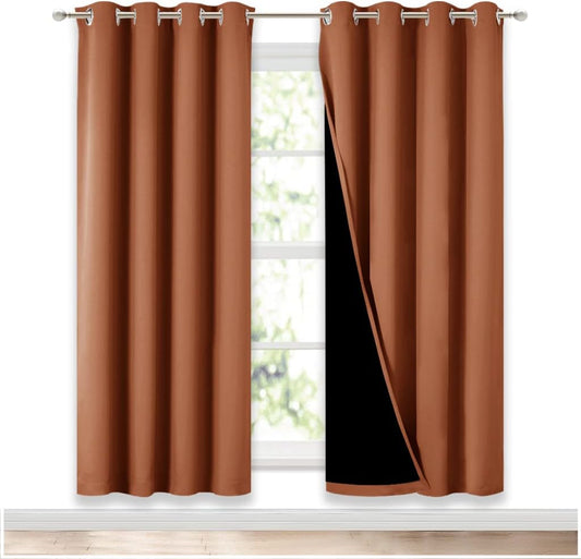 NICETOWN 100% Blackout Window Curtain Panels, Full Light Blocking Drapes with Black Liner for Nursery, 72-inch Drop Thermal Insulated Draperies (Burnt Orange, 2 Pieces, 52-inch Wide Per Panel)