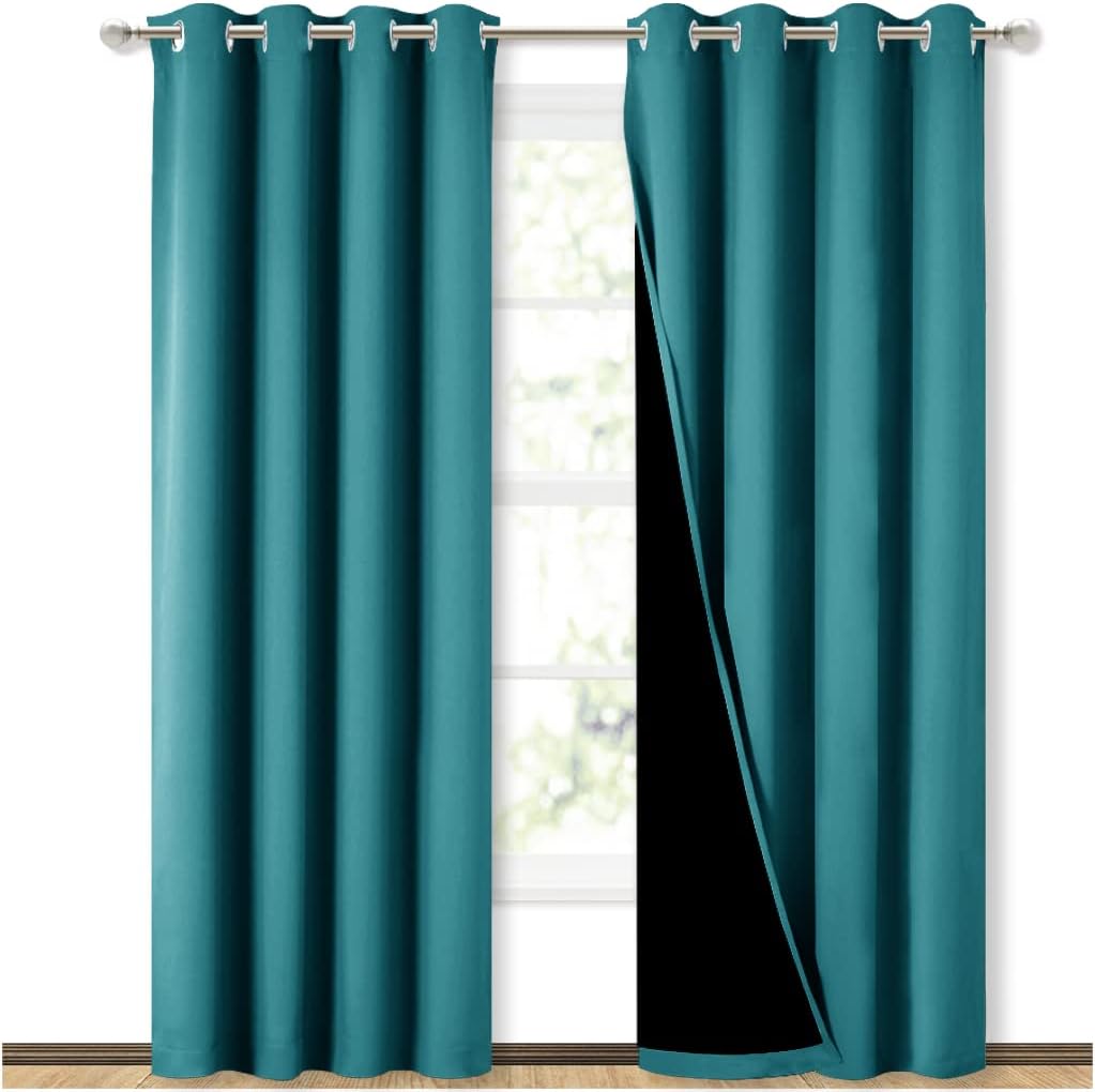 NICETOWN 100% Blackout Curtains 84 inches Long, Pair of Energy Smart & Noise Blocking Out Drapes for Baby Room Window, Thermal Insulated Guest Room Lined Window Dressing(Peacock Teal, 52 inches Wide)