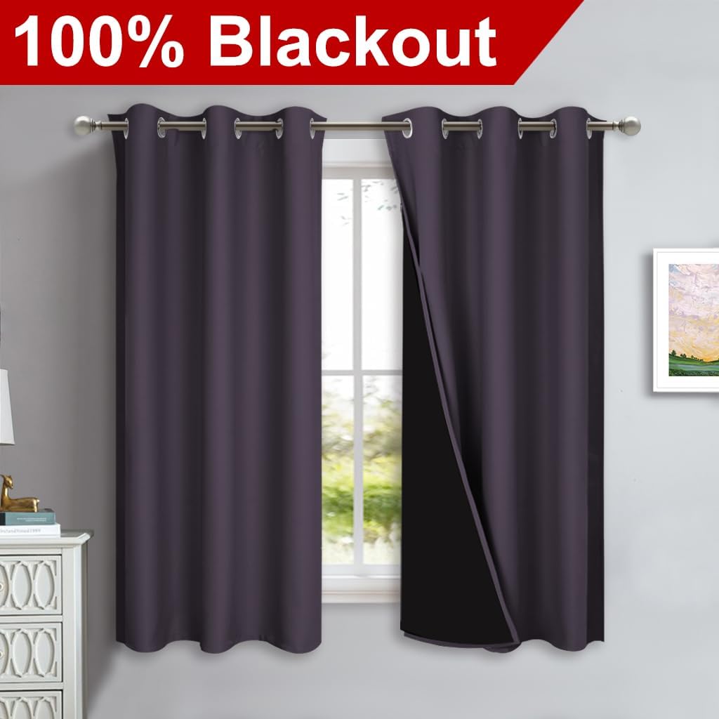 NICETOWN 100% Blackout Short Curtains with Black Liners, 2 Panels, 37" W by 63" L, Greyish Purple, Thermal Insulated Full Blackout 2-Layer Lined Drapes, Energy Efficiency Window Drapes for Bedroom