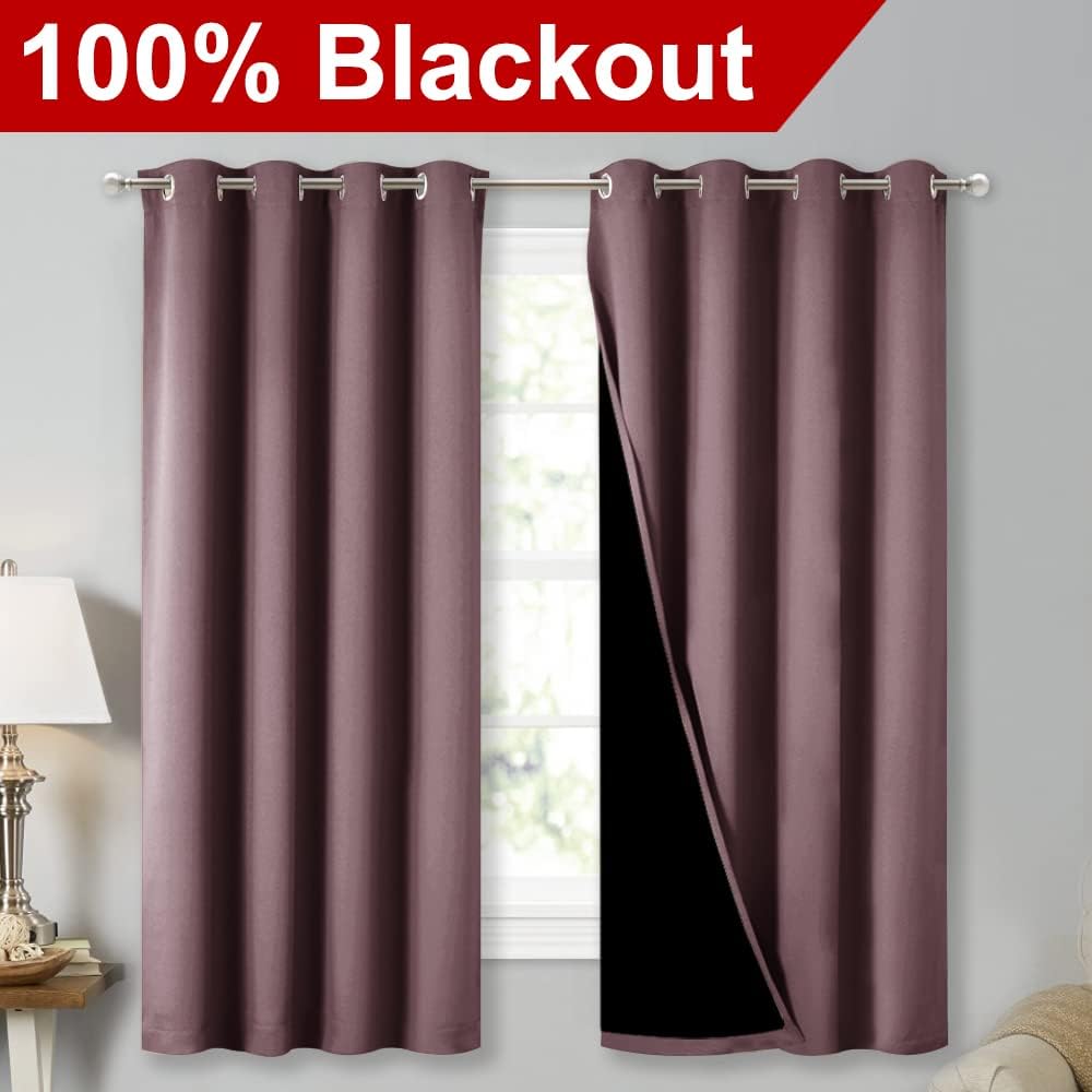 NICETOWN 100% Blackout Curtains with Black Liners, Thermal Insulated Full Blackout 2-Layer Lined Drapes, Energy Efficiency Window Draperies for Bedroom (Dry Rose, 2 Panels, 52-inch W by 63-inch L)