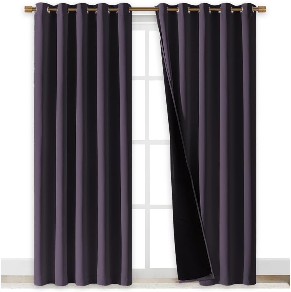 NICETOWN 100% Blackout Window Curtain Panels, Greyish Purple, 2 PCs, 62" Wide Each Panel, Cold and Full Light Blocking Drapes with Black Liner for Nursery, 84 inches Drop Thermal Insulated Draperies