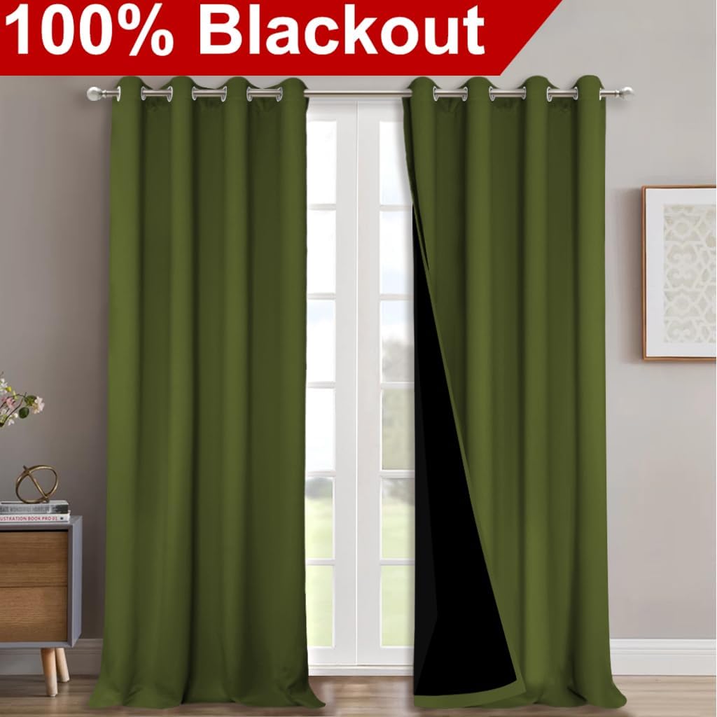 NICETOWN Full Shading Curtains for Windows, Olive Green, Pack of 2, 52 inches W x 95 inches L, Super Heavy-Duty Black Lined Blackout Curtains for Bedroom, Privacy Assured Window Treatment