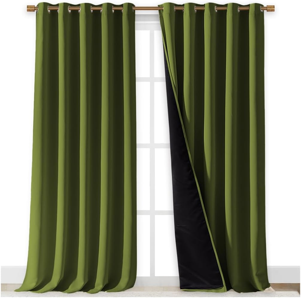 NICETOWN Total Shade Curtains and Draperies, Olive Green, Package of 2, 62 inches Wide x 95 inches, LongHeavy-Duty Full Light Shading Drapes with Black Liner Backing for Villa/Hall/Dorm Window