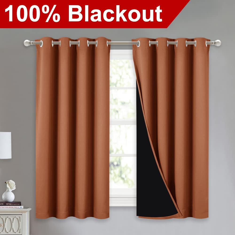 NICETOWN 100% Blackout Curtains 54 inches Long, Double-Deck Completely Blackout Window Treatment Thermal Insulated Lined Drapes for Small Window (Burnt Orange, 1 Pair, 52 inches Width Each Panel)