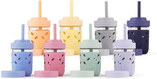 Elk and Friends Kids & Toddler Cups | The Original Glass Mason jars 8 oz with Silicone Sleeves & Silicone Straws with Stoppers | Smoothie Cups | Spill Proof Sippy Cups for Toddlers | 8 Pack
