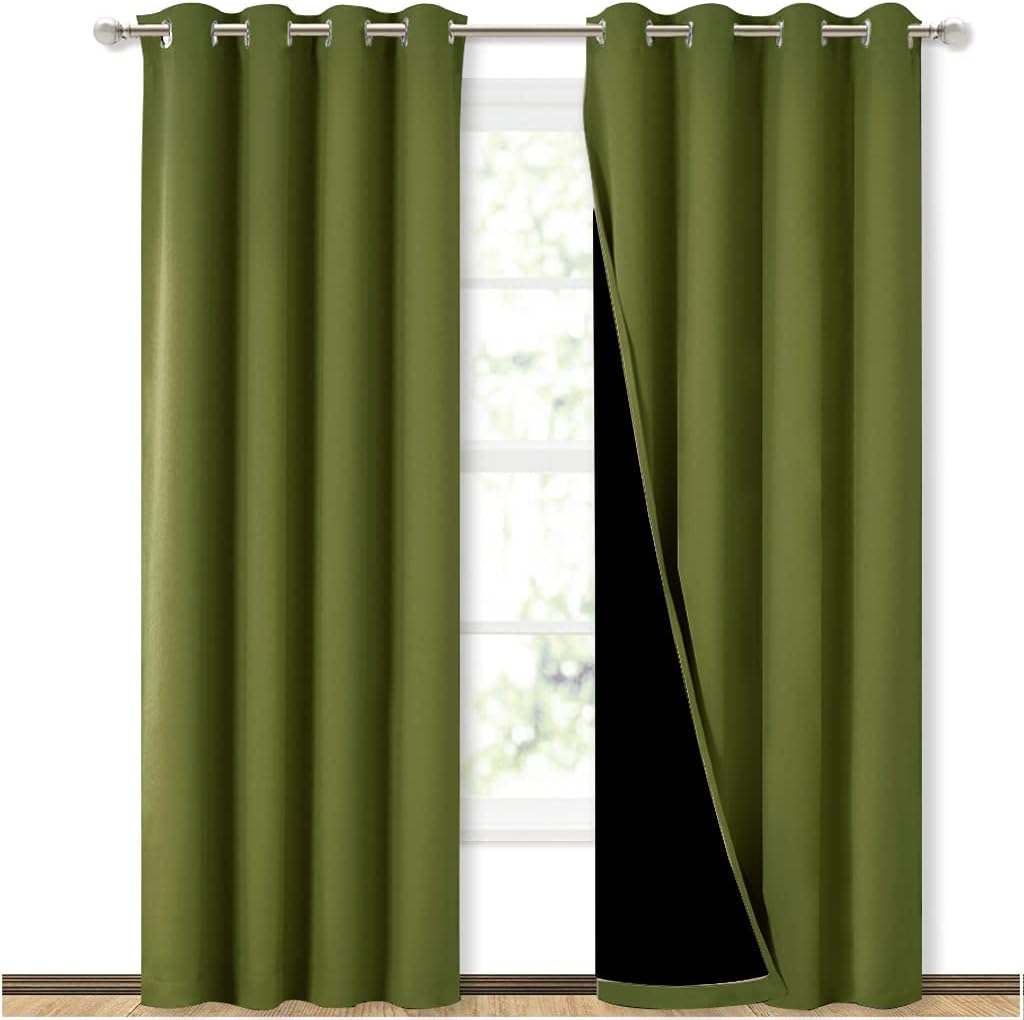 NICETOWN 100% Blackout Curtain Set, Thermal Insulated & Energy Efficiency Window Draperies for Guest Room, Full Shading Panels for Shift Worker and Light Sleepers, Olive Green, 52W x 84L, 2 PCs