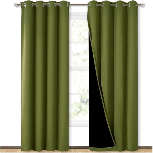 NICETOWN 100% Blackout Curtain Set, Thermal Insulated & Energy Efficiency Window Draperies for Guest Room, Full Shading Panels for Shift Worker and Light Sleepers, Olive Green, 52W x 84L, 2 PCs