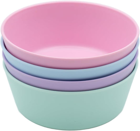 WeeSprout Bamboo Kids Bowls, Set of Four 10 oz Kid-Sized Bamboo Bowls, Dishwasher Safe Kid Bowls (Pastel Blue, Mint, Purple & Pink)