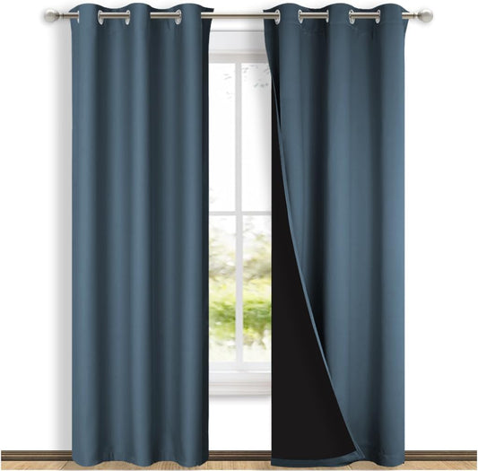 NICETOWN Blackout Curtains 84 inches Long, 2 Pieces, 42" Wide Each Panel, Smoky Blue, Full Light Blocking Drapes with Black Liner for Nursery, Thermal Insulated Draperies for Hall, Villa