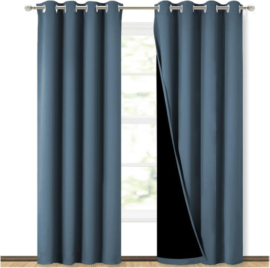 NICETOWN 100% Blackout Curtains 84 inches Long, Smoky Blue, 52 inches Wide, Pair of Energy Smart & Noise Blocking Out Drapes for Baby Room Window, Thermal Insulated Guest Room Lined Window Dressing