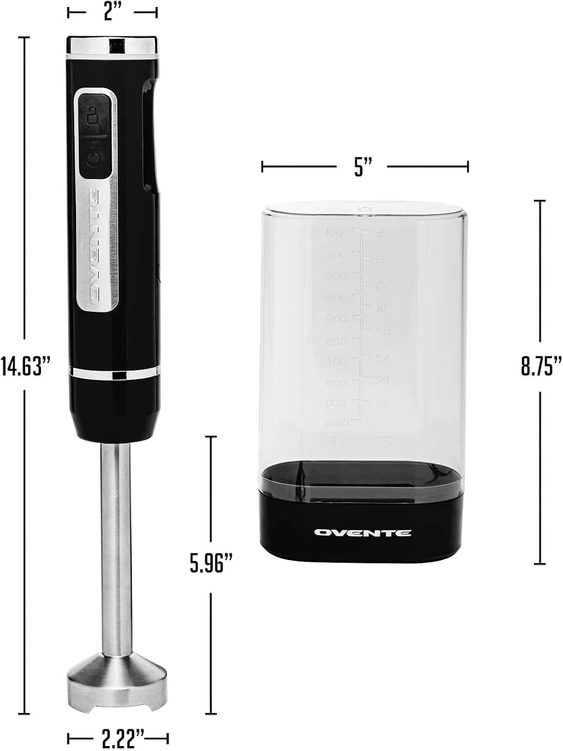 OVENTE Cordless Immersion Hand Blender, Rechargeable Handheld Portable Stick Mixer with 8 Mixing Speed Option, One-Touch Control and Stainless Steel Blades for Smoothies, Shakes or Soups, Black HR781B