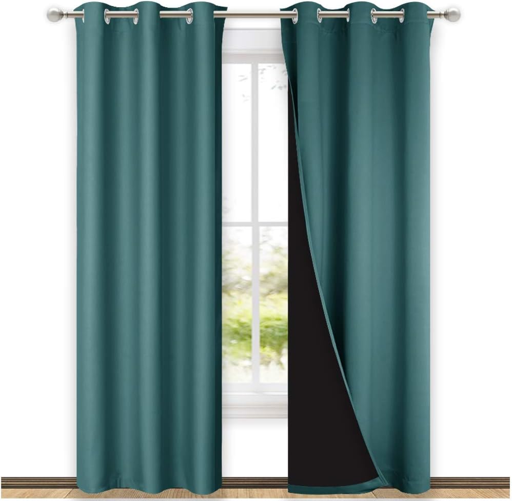 NICETOWN Sea Teal Full Shade Curtain Panels, Pair of Thermal Insulated & Energy Efficiency Blackout Drapes for Living Room Windows, Lined Silky Performance Window Dressing (37" Wide x 84" Long, Gray)
