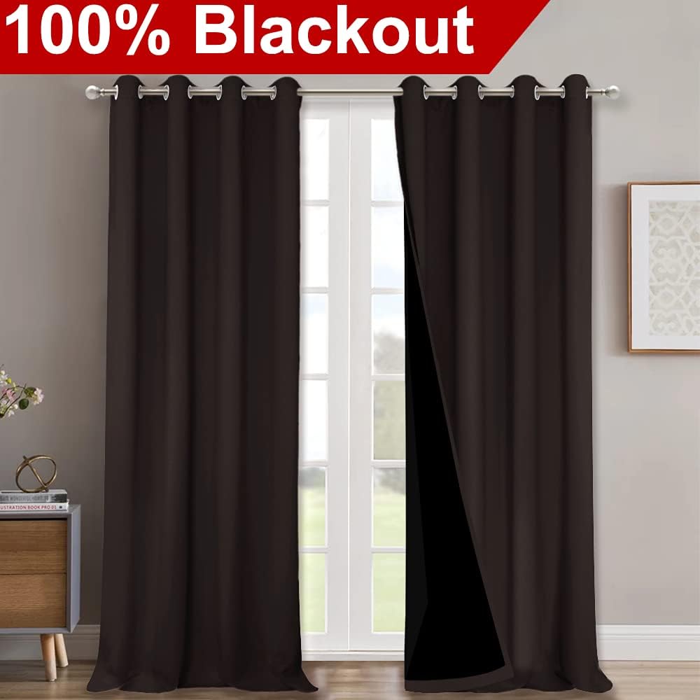 NICETOWN 100% Blackout Curtains for Windows, Pack of 2, Brown, 52 inches W x 120 inches L, Super Heavy-Duty Black Lined Total Darkness Drapes for Bedroom, Privacy Assured Window Treatment for Patio