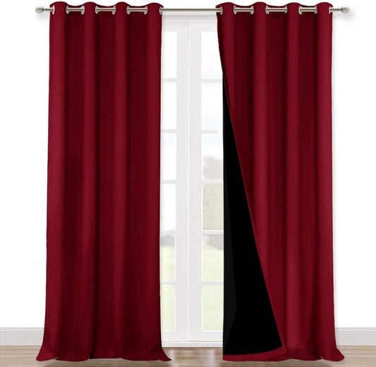 NICETOWN 100% Blackout Curtains with Black Liner Backing, Thermal Insulated Curtains for Living Room, Noise Reducing Drapes for Christmas, Burgundy Red, 52" x 120" Per Panel, Set of 2