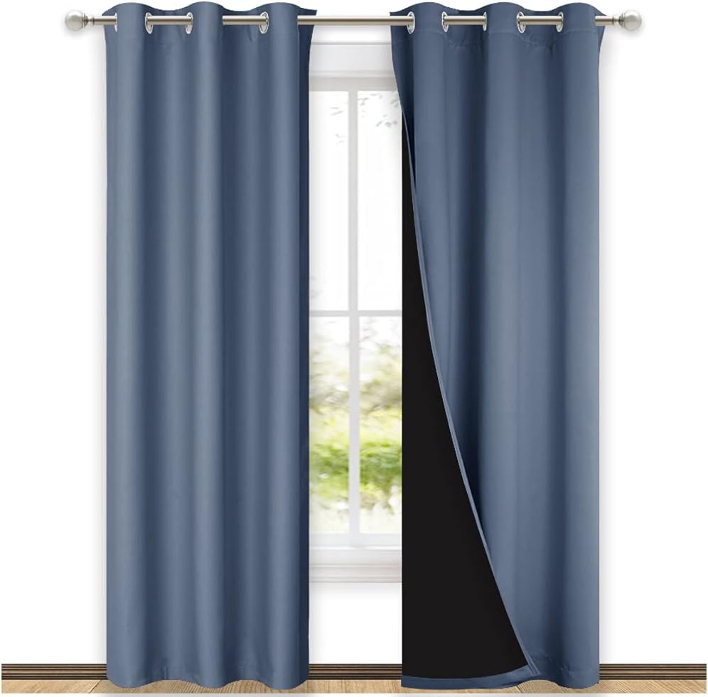 NICETOWN Blackout Curtains 80 inches Long, Full Light Blocking Drapes with Black Liner for Nursery, Thermal Insulated Draperies for Hall, Villa (Stone Blue, 2 Pieces, 42" Wide Each Panel)