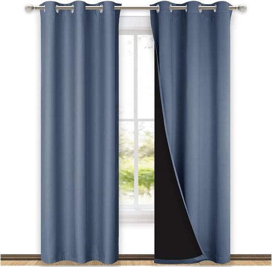 NICETOWN Blackout Curtains 80 inches Long, Full Light Blocking Drapes with Black Liner for Nursery, Thermal Insulated Draperies for Hall, Villa (Stone Blue, 2 Pieces, 42" Wide Each Panel)