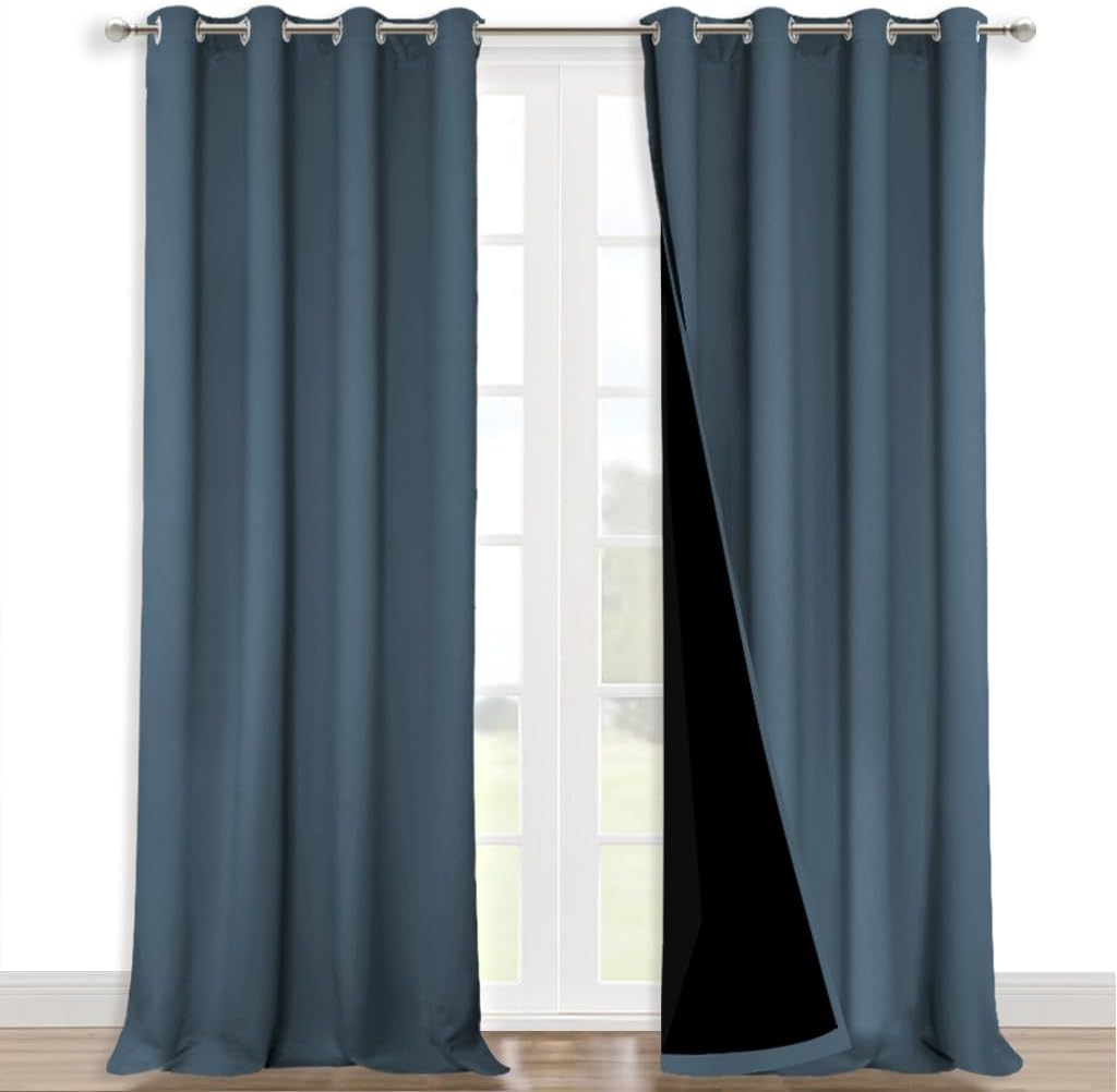 NICETOWN Full Shading Curtains 90 inches Long 2 Panels Set for Windows, Smoky Blue, Pack of 2, 52 inches W, Super Heavy-Duty Black Lined Blackout Curtains for Bedroom, Privacy Assured Window Treatment