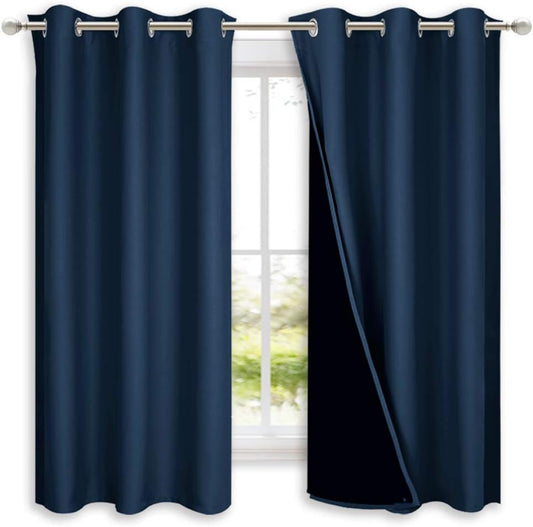 NICETOWN 100% Blackout Short Curtain Panels, Thermal Insulated Black Liner Curtains for Nursery Room, Noise Reducing and Cold Blocking Drapes for Windows (Set of 2, Navy Blue, 37" Wide by 63" Long)