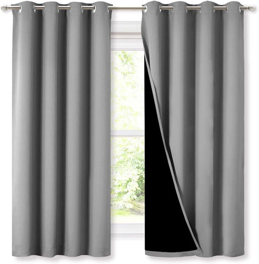 NICETOWN 100% Blackout Curtains with Black Liners, Thermal Insulated Full Blackout 2-Layer Lined Drapes, Energy Efficiency Window Draperies for Bedroom (Silver Grey, 2 Panels, 52-inch W by 63-inch L)