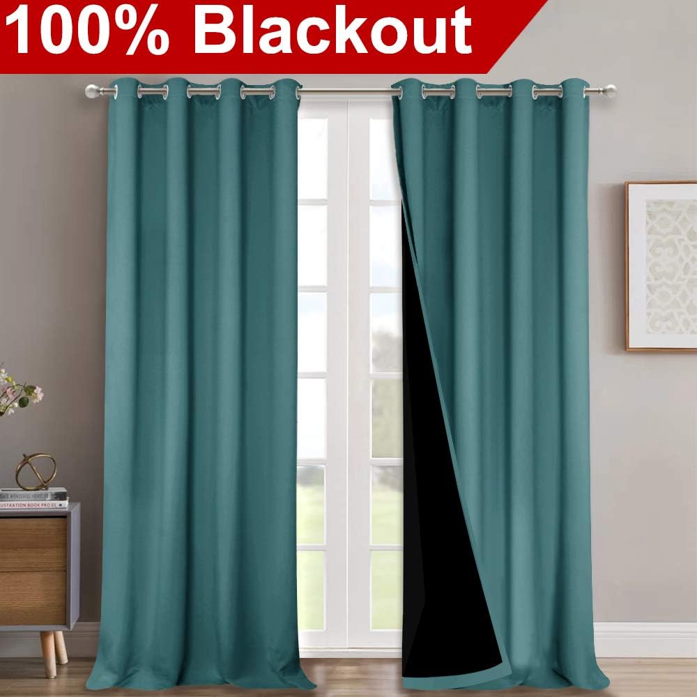 NICETOWN 100% Blackout Curtains for Windows, Pack of 2, Peacock Teal, 52" W x 120" L, Super Heavy-Duty Black Lined Total Darkness Drapes for Bedroom, Privacy Assured Window Treatment for Patio