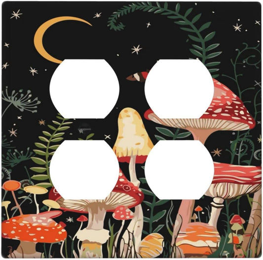 Moon Star Red Mushroom Forest Butterfly Green Plant Outlet Covers 2 Gang Double Duplex Decorative Light Switch Covers Electrical Wallplates Socket Faceplate for Kids Room Home Decor