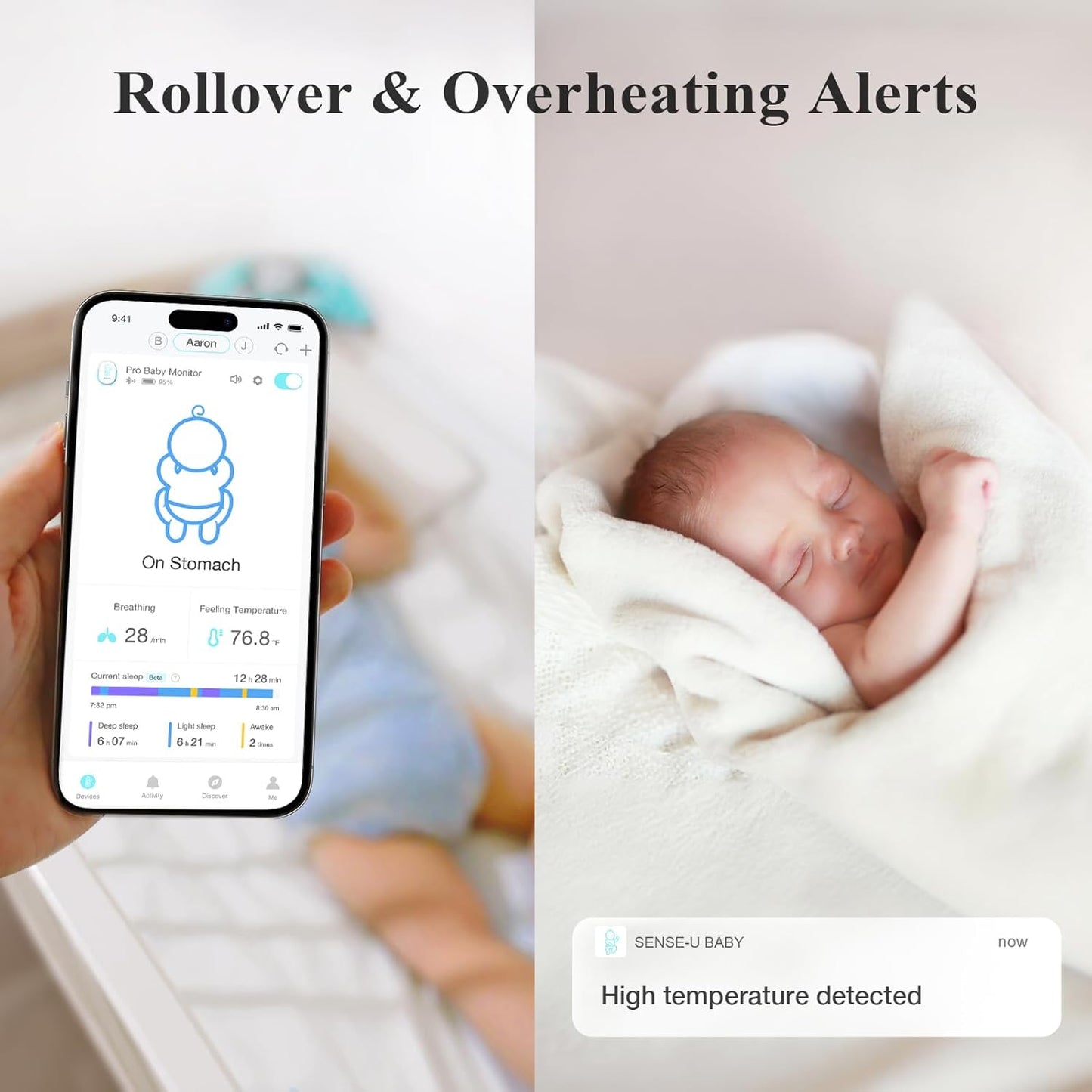 Sense-U Smart Baby Monitor Pro with Arousal Vibration, Audible and App Alerts: Tracks Abdominal Movement, Rollover, Feeling Temperature, Portable & Wearable Smart Sleep Monitor, Green