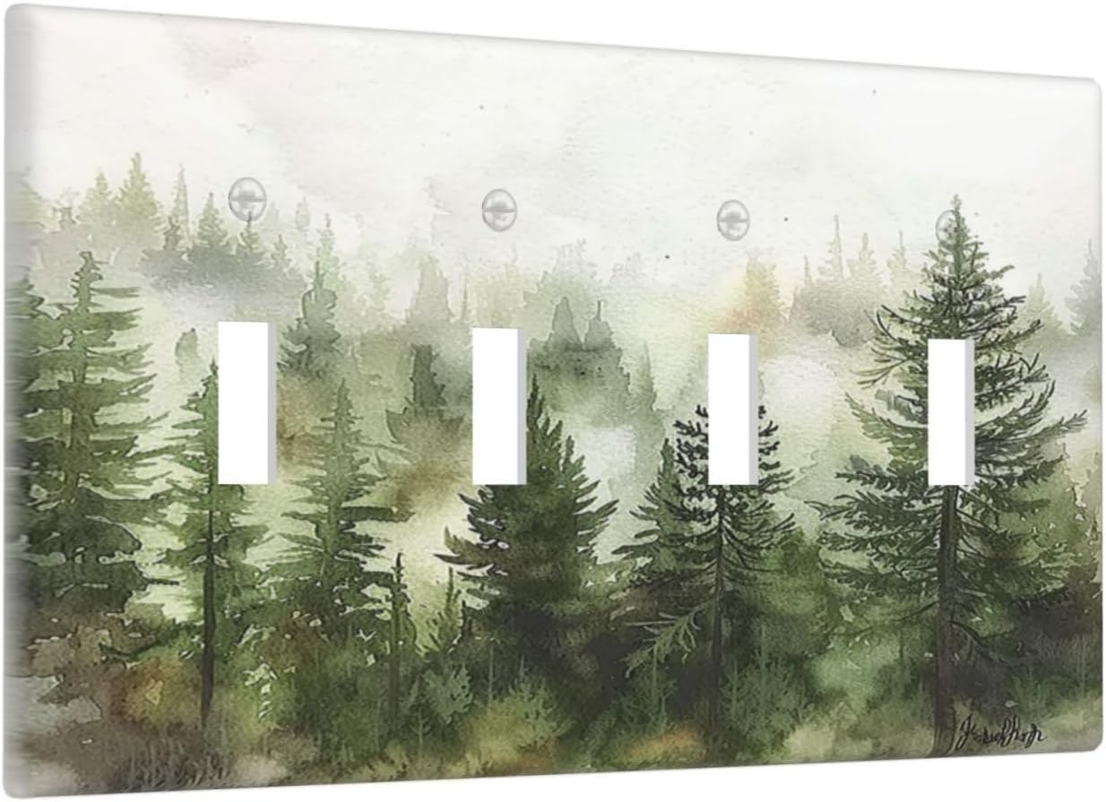 Light Switch Covers Green Forest Watercolor Painting Foggy Pine Quad Toggle Electrical Faceplate 4 Gang Wall Plate Decorative Switch Plates for Bedroom living Room Decor