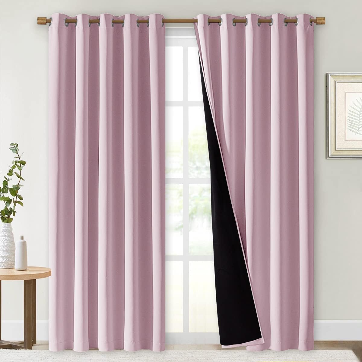 NICETOWN 100% Blackout Window Curtain Panels, Baby Pink, 2 PCs, 62" Wide Each Panel, Cold and Full Light Blocking Drapes with Black Liner for Nursery, 84 inches Drop Thermal Insulated Draperies