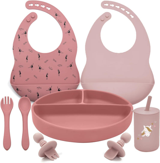 Silicone Baby Feeding Set, Baby Led Weaning Supplies, Baby Spoons Suction Divided Plate Bib Cup, First Stage Solid Food Eating Utensils - 6+ Months(Pink-Red)