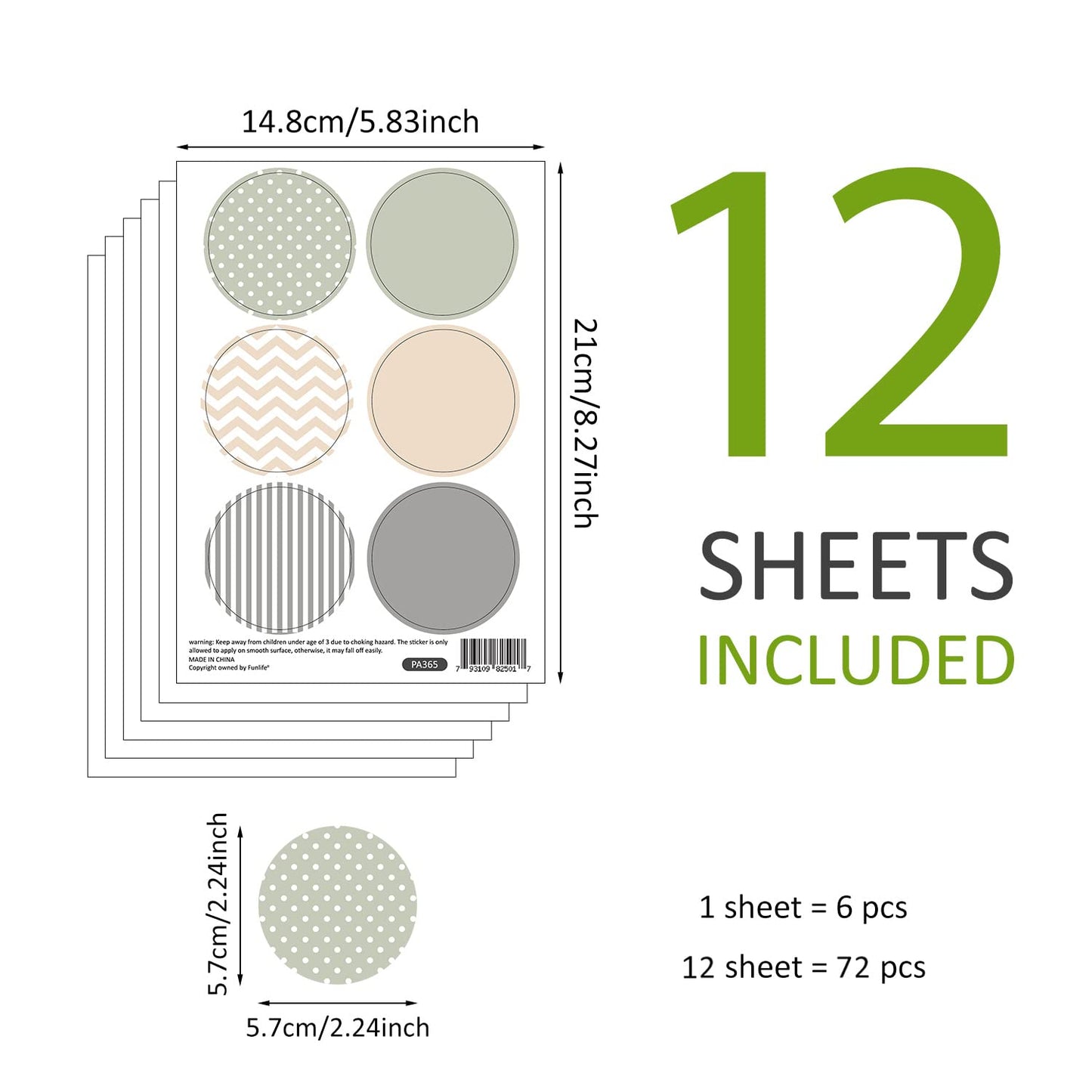 Boho Polka Dot Wall Decals 72 PCS, Removable Wall Decals Kids Room Decor Vinyl Murals DIY Cute Decorations (12 Sheets)