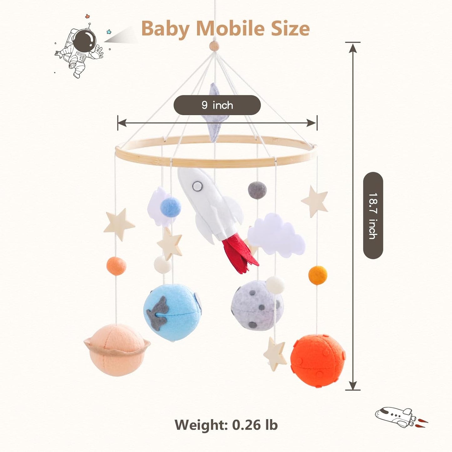 Baby Crib Mobile for Boys Girls | Felt Space Nursery Mobile Wooden Mobile for Crib | Astronaut Space Theme Nursery Bed Decoration Baby Mobile for Crib | Gift for Newborn Nursery Decor