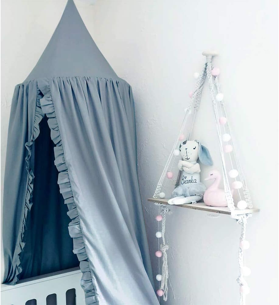 Bed Canopy with Frills Reading Nook Game Tent for Kids Boho Hanging Net Play Room Decor(Blue)