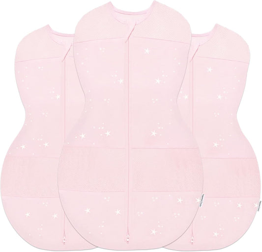 Happiest Baby Sleepea 5-Second Swaddle - 100% Organic Cotton Baby Swaddle Blanket - Doctor Designed Promotes Healthy Hip Development - 3-Pack Bundle (Rose Stars, S, M, L)