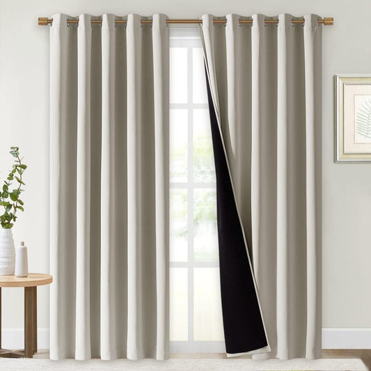 NICETOWN 100% Blackout Window Curtain Panels, Cold and Full Light Blocking Drapes with Black Liner for Nursery, 84" Drop Thermal Insulated Draperies (Natural, 2 Pieces, 70" Wide Each Panel)