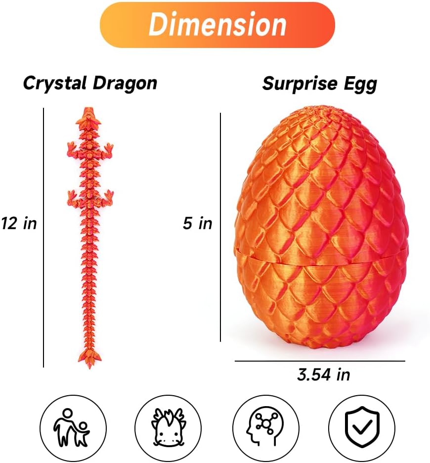 3D Printed Dragon Egg, Mystery Crystal Dragon Egg Fidget Toys Surprise, Articulated Crystal Dragon Eggs with Dragon Inside (Laser Red)