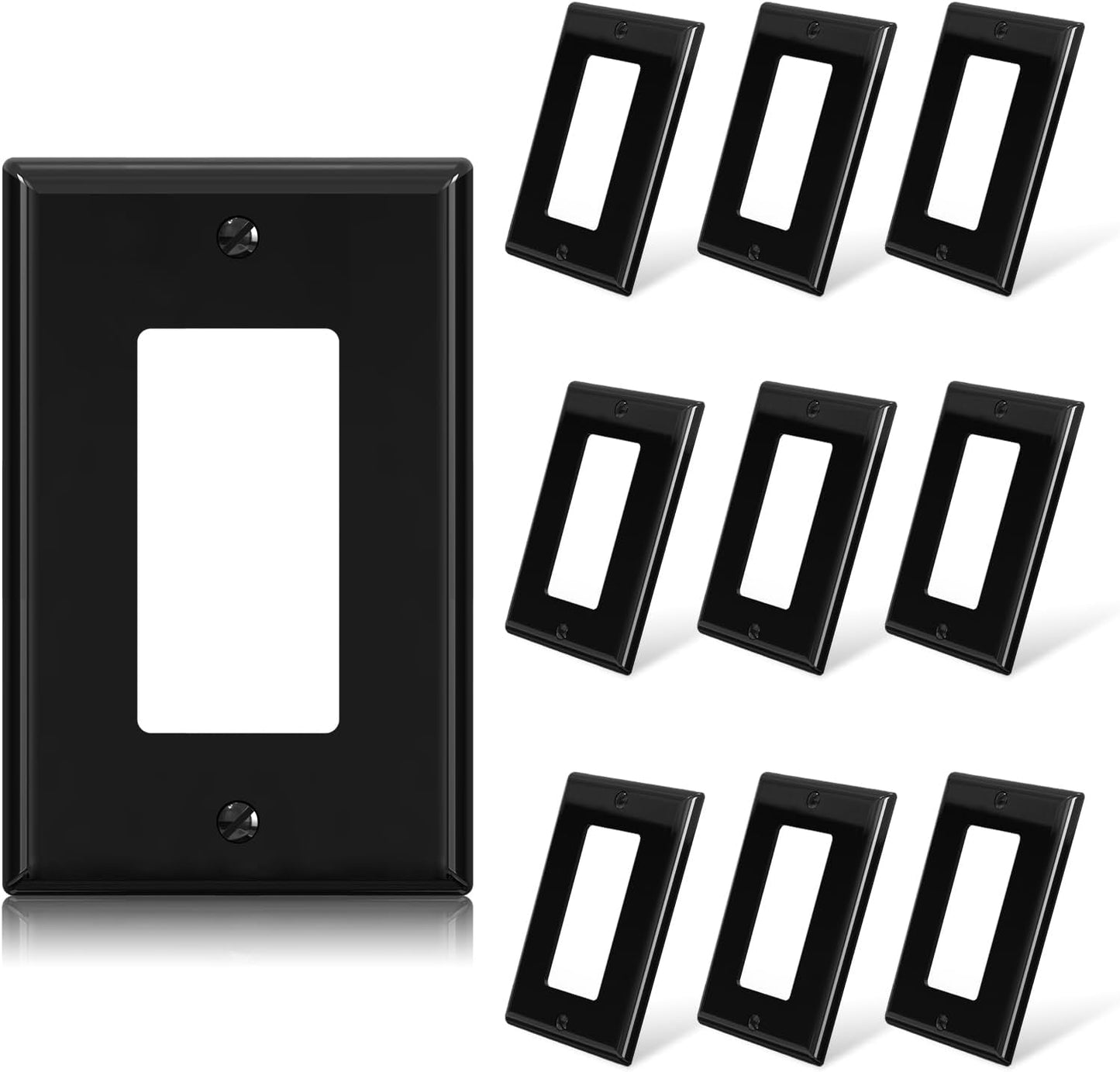 ELEGRP Decorative Receptacle Wall Plate, 1-Gang Mid Size Outlet Decorator Cover, Unbreakable Polycarbonate Dual Port Faceplates Covers, UL Listed, Screws included (10 Pack, Glossy Black)