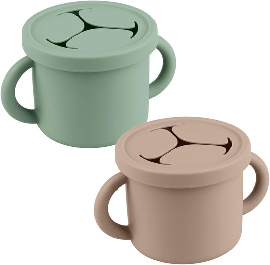 Snack Containers for Toddlers, Kids - 2 Pack Food Grade Silicone Snack Cups with Grip Handle (Natural/Sage)