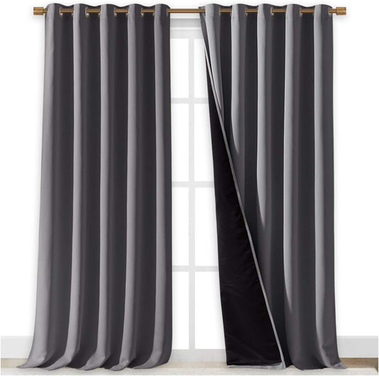 NICETOWN 100% Blackout Blinds, Laundry Room Decor Window Treatment Curtains for Large Patio Sliding Door, Thermal Insulated Grey Curtains for Bedroom, Set of 2, 70 inches x 108 inches
