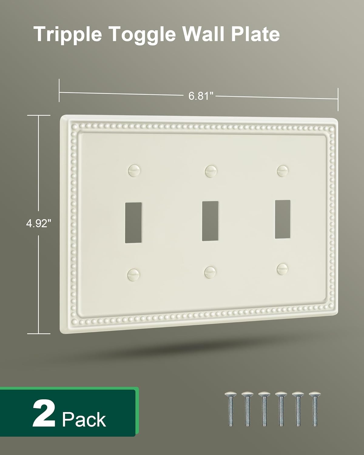 2-Pack Triple Toggle Light Switch Cover Plate, Pearls Decorative Switch Plate Covers, Light Almond 3 Gang Metal Wall Plate, Corrosion Resistant