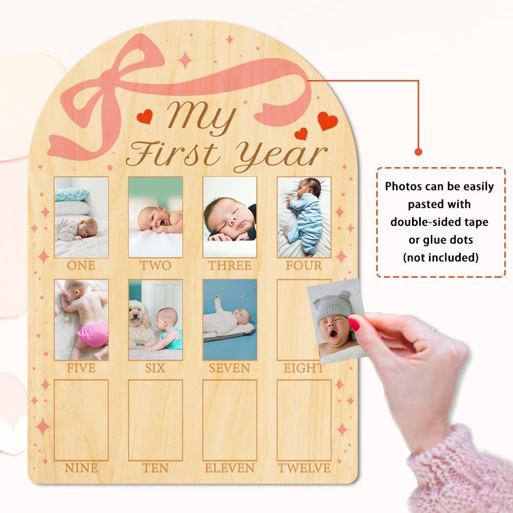 ORIGACH My First Year Baby Growth Photo Display Wood Board - 12 Months Newborn Milestones Photo Board - Neutral Baby Keepsake Frame 1st Birthday Party Nursery Decor New Mom Gift - Bow & Heart