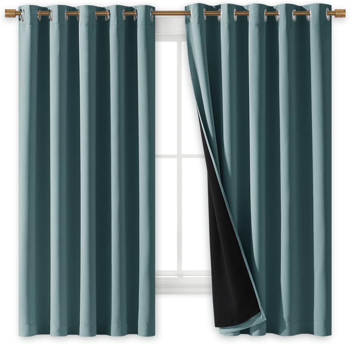 NICETOWN 100% Blackout Lined Curtains, 2 Thick Layers Completely Blackout Window Treatment Thermal Insulated Drapes for Kitchen/Bedroom (Greyish Blue, 1 Pair, 70" Width x 63" Length Each Panel)
