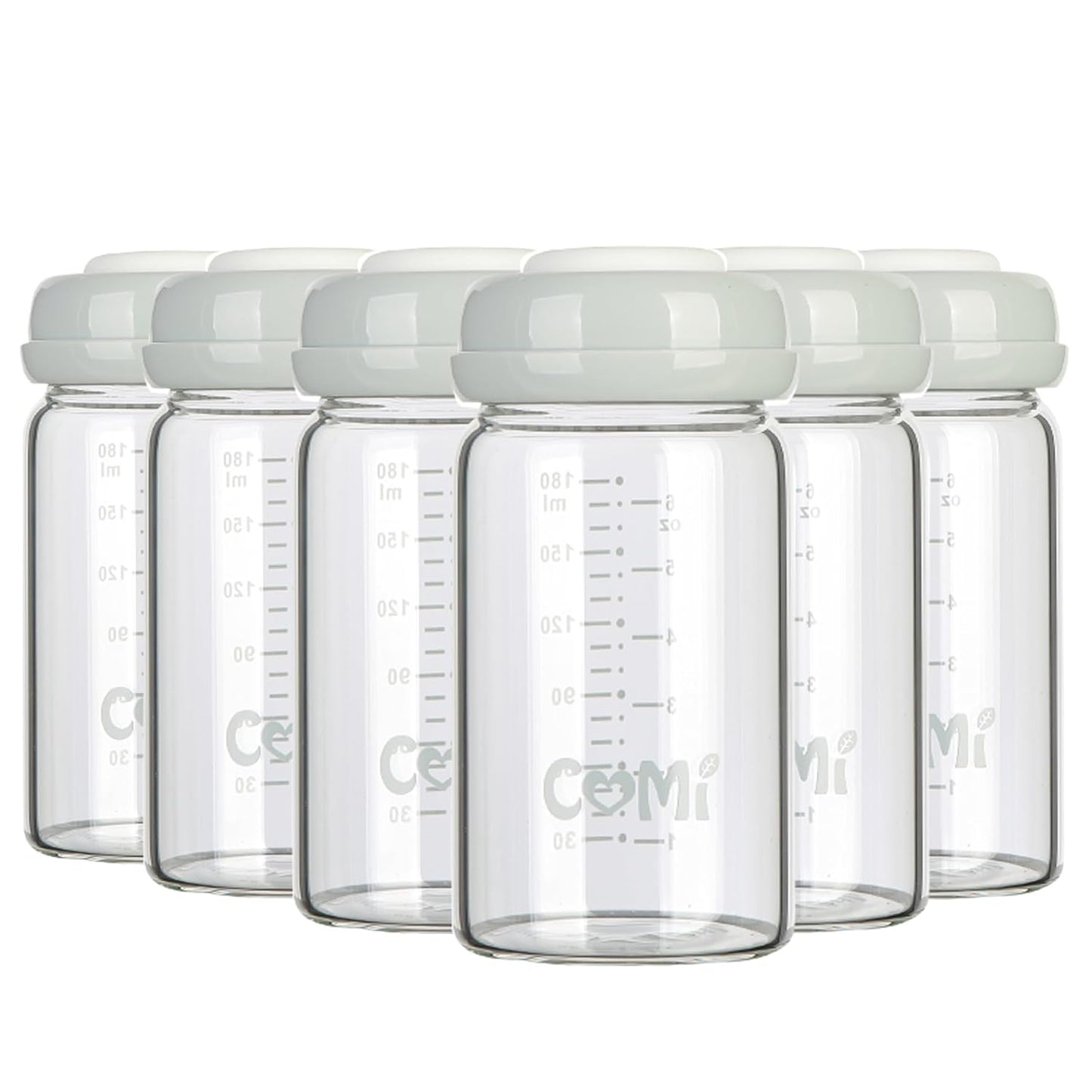 COMI Wide Neck Glass Breastmilk Collection n Storage Bottle, 6oz with Screw Ring Sealing Disk; Re-markable Sealing Disc. BPA Free, Fits Breast Pumps & Nipples (Gray Lids)