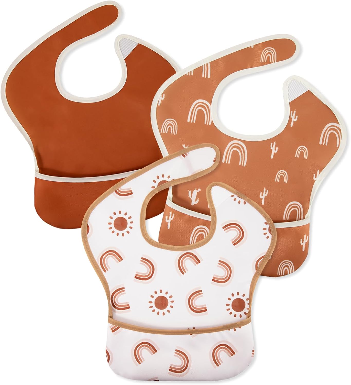 Mess Proof Baby Bib 3 Pack, Waterproof Led Weaning Baby Feeding Bibs with Food Catcher, Travel Feeding Bibs