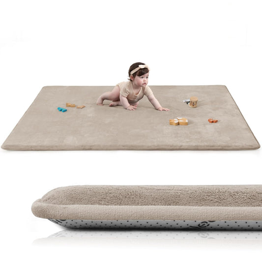 Baby Play Mat for Floor,Extra Large 79"×118" Tummy Time Mat,Thicker Memory Foam Mat for Toddler,Infant,Kids,Water Repellent Ultra Soft Coral Velvet,Non-Slip Backing Safe for Crawling(Beige)