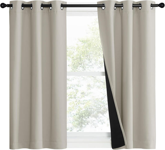 NICETOWN Natural 100% Blackout Lined Curtains, 1 Pair, 37" Width x 50" Length Each Panel, 2 Thick Layers Narrow Wide Window Treatment Panels Thermal Insulated Drapes for Kitchen Small Window