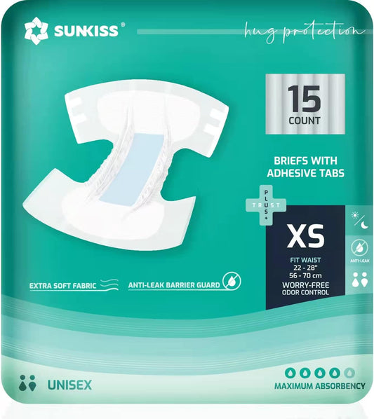 SUNKISS TrustPlus Adult Diapers with Maximum Absorbency, Unisex Disposable Incontinence Briefs with Tabs for Men and Women, Odor Control, XSmall, 15 Count